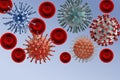 Viruses on blue and white background