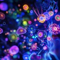 Viruses engaging with cells in a vibrant, microscopic landscape of life. Generative AI