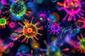 Viruses engaging with cells in a vibrant microscopic view showcasing cellular interactions and biological processes