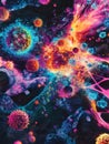 Viruses engaging in complex interactions with human cells in vibrant colors. Generative AI