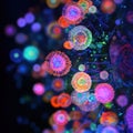 Viruses engaging with human cells in a colorful, microscopic environment. Generative AI