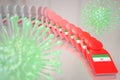 Viruses and falling dominoes with flag of Iran. Coronavirus spread conceptual 3D rendering