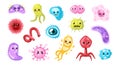 Viruses, germs and bacteria set isolated on a white background. Cute funny characters. Cartoon microbes monsters. Simple modern