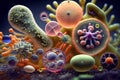 Viruses, germs and bacteria, types of microorganisms under microscopic magnification. Macro.Generative AI illustration. Royalty Free Stock Photo