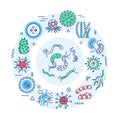 Viruses and germs web banner. Microscopic germ cause diseases. Infographics with linear icons on blue background. Creative idea