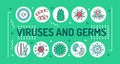 Viruses and germs word lettering typography. Microscopic germ cause diseases. Infographics with linear icons on green background.