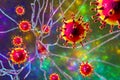 Viruses infecting neurons, concept for brain infection, 3D illustration