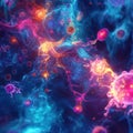Viruses interacting with human cells in a vibrant, dynamic microscopic environment. Generative AI