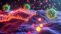 Viruses invade cells showcasing interaction between pathogens and host structures in a microscopic environment
