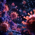Viruses invade human cells in a microscopic view illustrating infection and immune response mechanisms. Generative AI