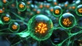 Viruses invading cells with a focus on dynamic interactions and complex structures under magnification. Generative AI