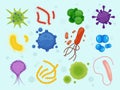 Viruses and microbes. Different bacterias microscope view allergen helminths vector collection in cartoon style