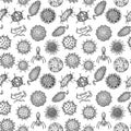 Viruses seamless patten. Scientific hand drawn vector illustration in sketch style. Microscopic microorganisms