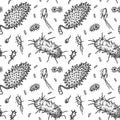 Viruses seamless patten. Scientific hand drawn vector illustration in sketch style. Microscopic microorganisms