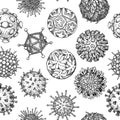 Viruses seamless patten. Scientific hand drawn vector illustration in sketch style. Microscopic microorganisms