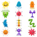 Viruses vector cartoon bacteria emoticon character of bacterial infection or ilness in microbiology illustration set of