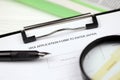 Visa application to enter Japan on A4 tablet lies on office table with pen and magnifying glass Royalty Free Stock Photo