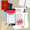 Visa approved blank or work permit, passport and smartphone with