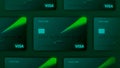 Visa bank credit plastic cards layout on a dark background. Motion. New chip cards in many rows with a green shining ray