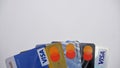 Visa card and mastercard cards isolated white background, elektonoc plastic card. Batam, Indonesia - March, 30, 2023