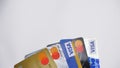 Visa card and mastercard cards isolated white background, elektonoc plastic card. Batam, Indonesia - March, 30, 2023