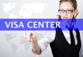 Visa center written in search bar on virtual screen. Internet technologies in business and home. woman in business suit Royalty Free Stock Photo