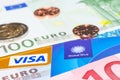 Visa credit card and Global Blue tax free against cash money Royalty Free Stock Photo