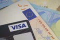 Visa credit card on top of Euro bank notes