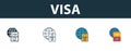 Visa icon set. Four simple symbols in diferent styles from icons collection. Creative visa icons filled, outline, colored and flat Royalty Free Stock Photo