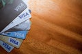 VISA logo on card, closeup macro view with a shallow depth of field. credit cards on the table. business concept