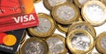 Visa and mastercard credit card and singapore dollar coins. Financial and bank credit concepts