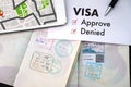 Visa and passport to approved stamped on a document top view in