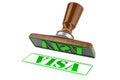 Visa stamp. Wooden stamper, seal with text visa, 3D rendering Royalty Free Stock Photo