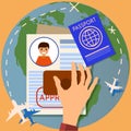 Visa stamping. Passport or visa application. Travel immigration stamp, vector illustration Royalty Free Stock Photo