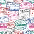 Visa stamps vector seamless pattern. Austria, Glasgow, London, Brasil, Sydney colorful stamps backdrop. Visited Royalty Free Stock Photo