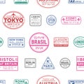 Visa stamps vector seamless pattern. Lisbon, Tokyo, Glasgow, Brasil, Sydney, New York colorful stamps texture. Visited Royalty Free Stock Photo