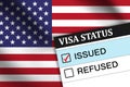 Visa Status Issued tick design with box and waving flag in the backdrop. Red tick on Issued typography for visa status Royalty Free Stock Photo