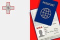 Visa to Malta and Passport. Maltese Flag Background. Vector illustration