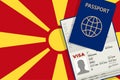 Visa to North Macedonia and Passport. North Macedonian Flag Background. Vector illustration