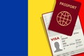 Visa to Romania and Passport. Romanian Flag Background. Vector illustration Royalty Free Stock Photo