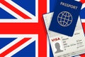 Visa to United Kingdom and Passport. British Flag Background. Vector illustration Royalty Free Stock Photo