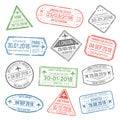 Visa travel cachet passport signs or airport stamps with framing country. Vintage international airport stamp and postmark