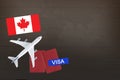 Visa with USA Canada flag, passport and airplane, trip travel immigration Royalty Free Stock Photo