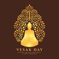 Visak day with Gold light Buddha Meditation under bodhi tree sign on brown background vector design Royalty Free Stock Photo