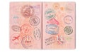 Visas, stamps, seals in the passport. Background with various