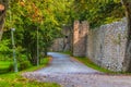 Visby - September 23, 2018: Quiet path by the old fortress walls of Visby in Gotland, Sweden