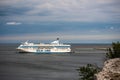 Seaside view of the cruise ship ferry Tallink Silja Line moored at a stone pier in the port of Visby.