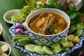 The viscera of mackerel fish paunch hot spicy curry or fish organs sour soup with vegetables, Thai food Royalty Free Stock Photo