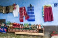 Viscri village, Romania - August 17, 2017: Traditional hand made woolen socks and booties for sale on the street of Viscri village