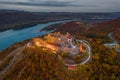 Visegrad, Hungary - Aerial drone view of the beautiful high castle of Visegrad with autumn foliage and trees